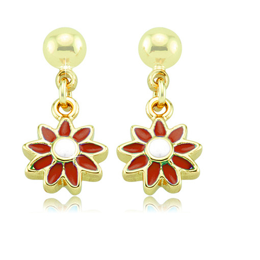Gold Plated Enamel Flower Drop Earrings - Red