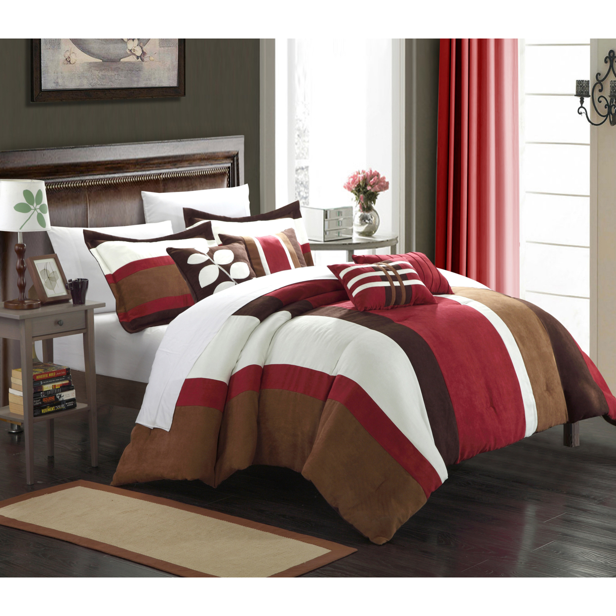 Chic Home Melodie 7-Piece Plush Microsuede Striped Comforter Set - Burgundy, King