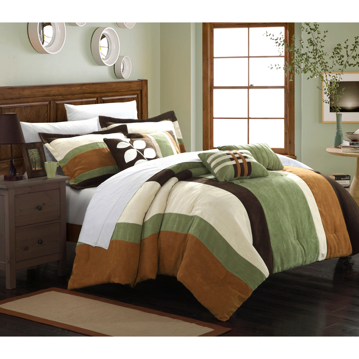 Chic Home Melodie 7-Piece Plush Microsuede Striped Comforter Set - Green, Queen
