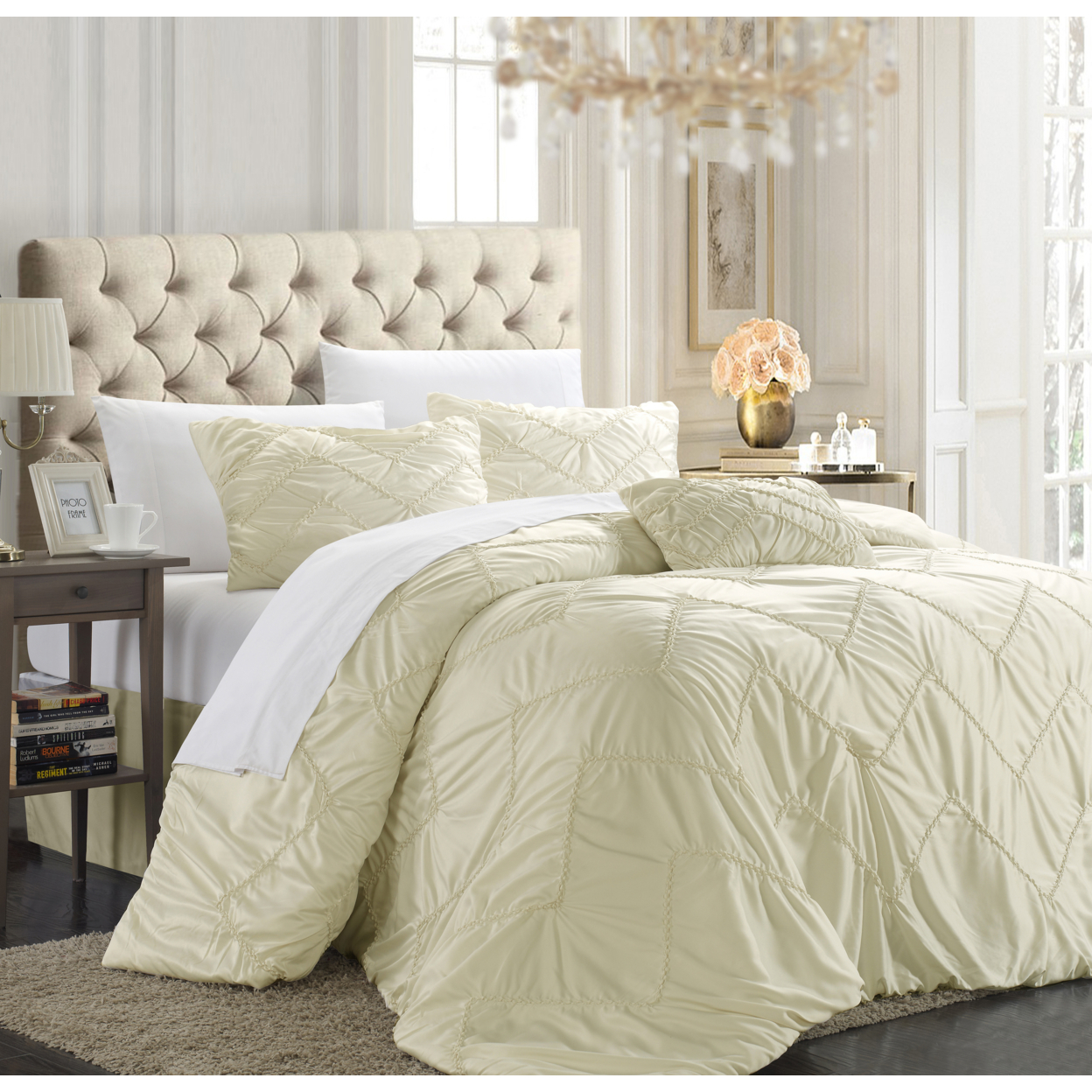 Chic Home Ella 5-piece Comforter Set, Shams, Bed Skirt And Decorative Pillow Included - Beige, Queen