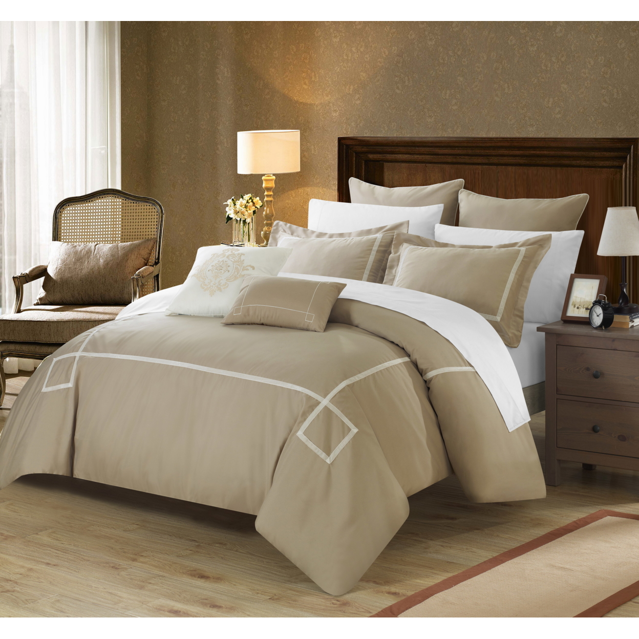 Chic Home Wilma - 7 Piece Embroidered Comforter Set - Taupe, Queen
