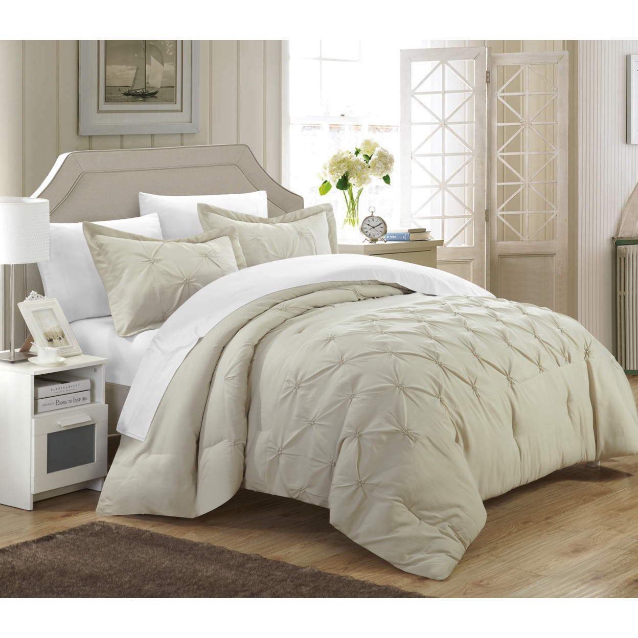 Chic Home 3 Piece Nica Pinch Pleat Pintuck Duvet Cover And Shams Set - Beige, Queen