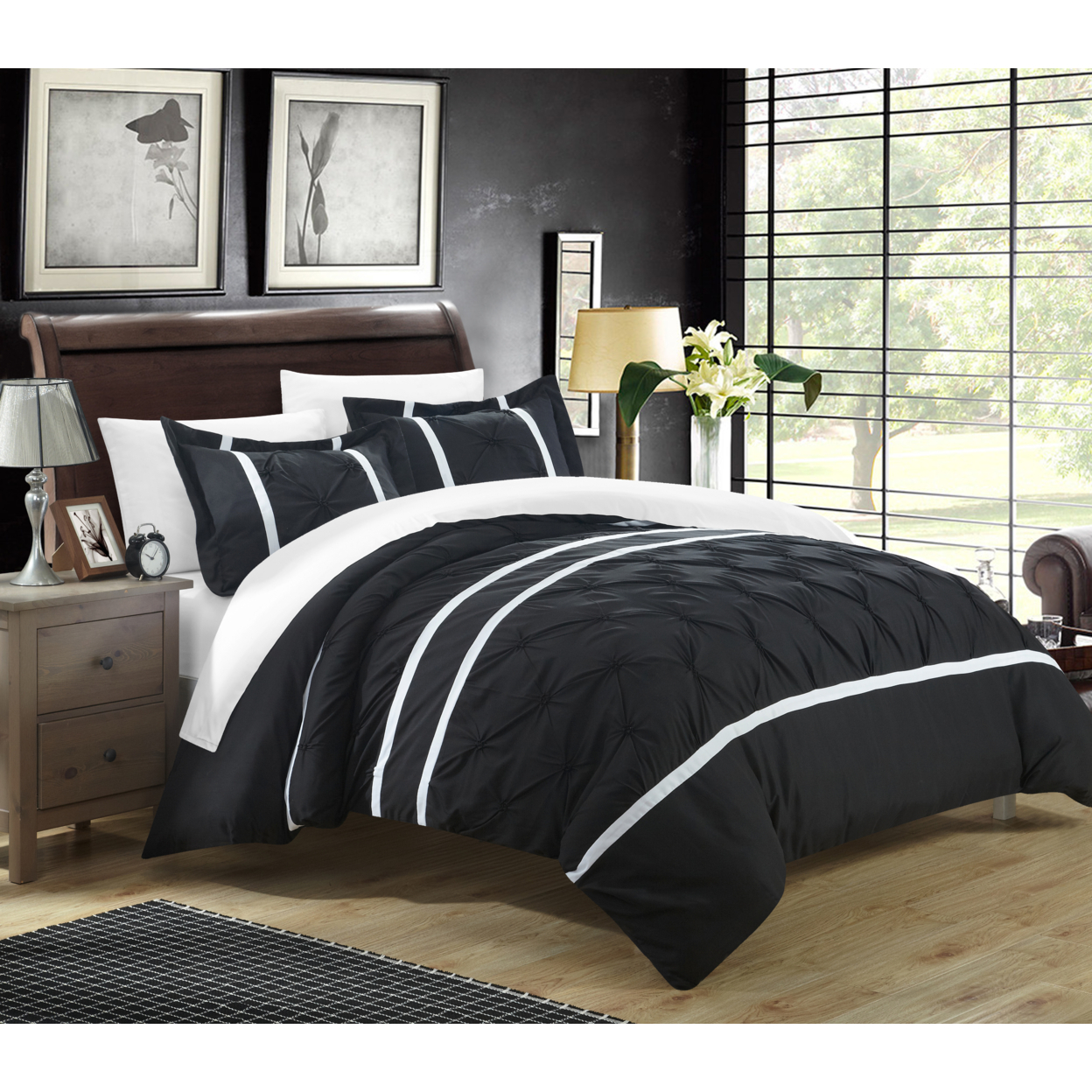 Chic Home 3 Piece Nica Pinch Pleat Pintuck Duvet Cover And Shams Set - Black, Queen