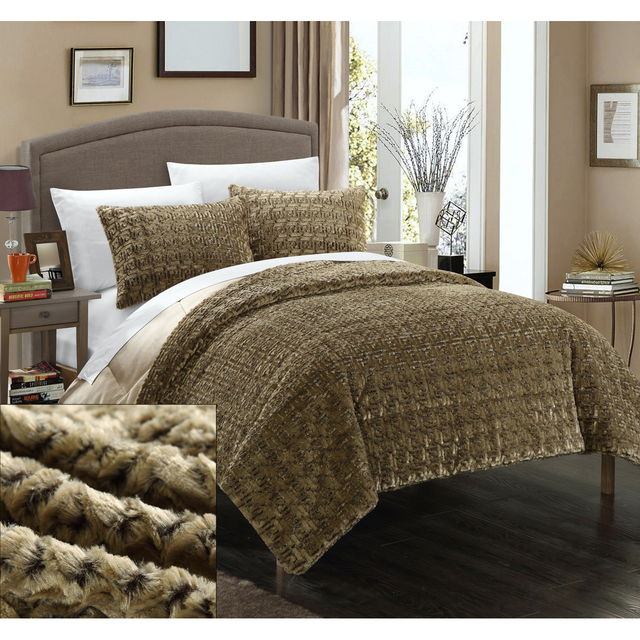 Chic Home 3 Piece Petras NEW FAUX FUR COLLECTION! With Mink Like Backing In Greek Key Design Comforter Set - Beige