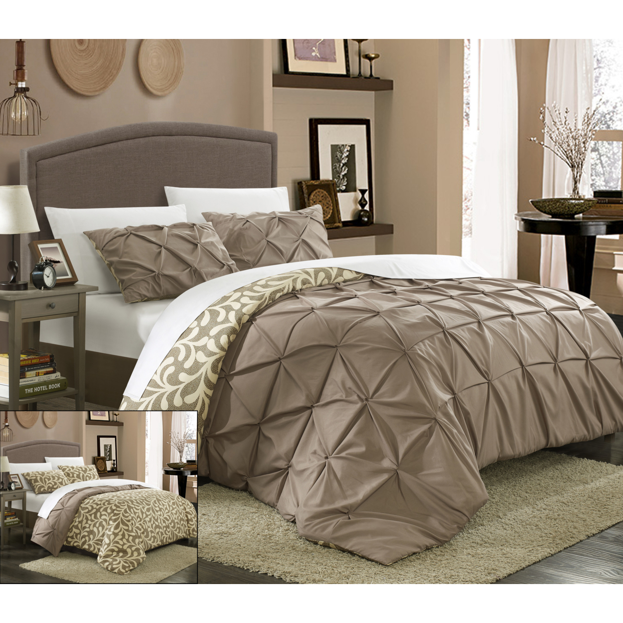 Chic Home 3-Piece Tirina Pleated Pin Tuck Reversible Duvet Set - Taupe, King