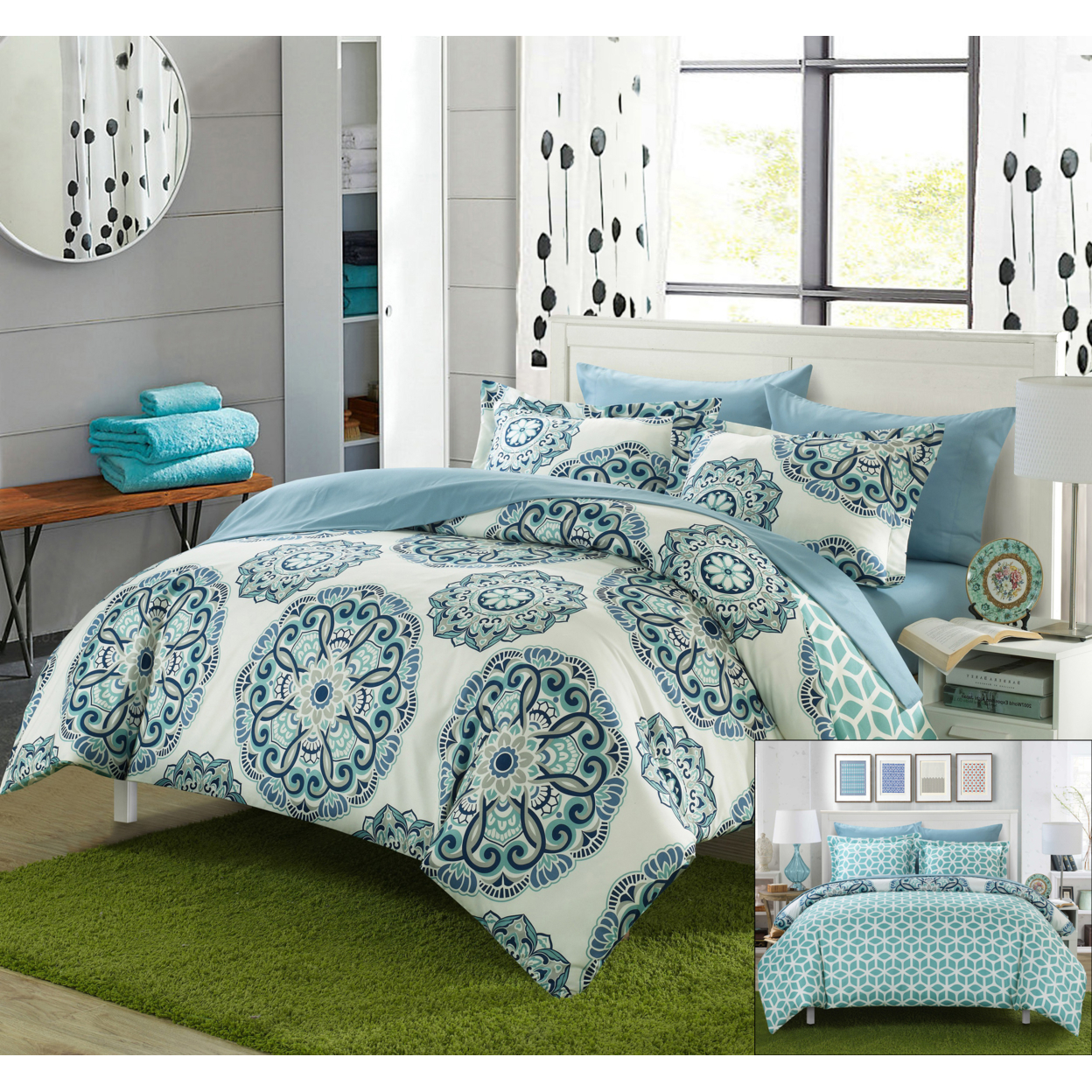 2/3 Piece Majorca Super Soft Microfiber Large Printed Medallion REVERSIBLE With Geometric Printed Backing Duvet Set - Green, Full/Queen