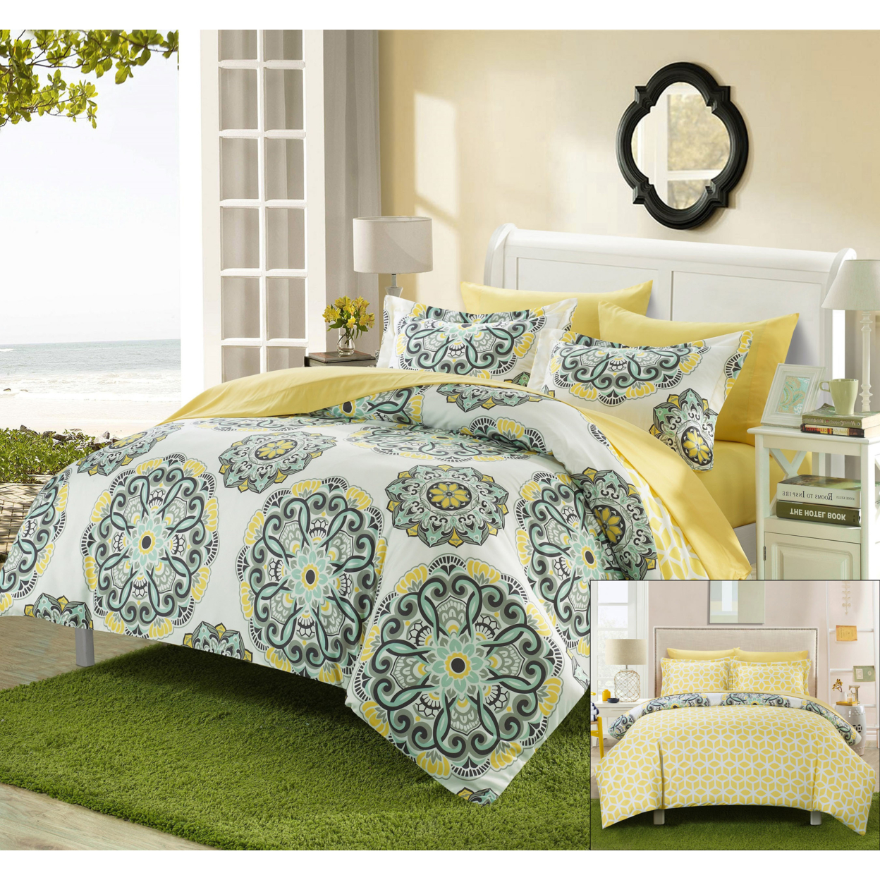 2/3 Piece Majorca Super Soft Microfiber Large Printed Medallion REVERSIBLE With Geometric Printed Backing Duvet Set - Yellow, Twin