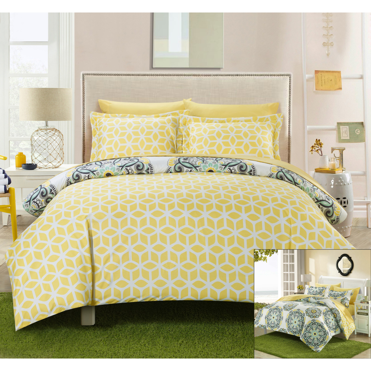 2/3 Piece Majorca Super Soft Microfiber Large Printed Medallion REVERSIBLE With Geometric Printed Backing Duvet Set - Yellow, Twin