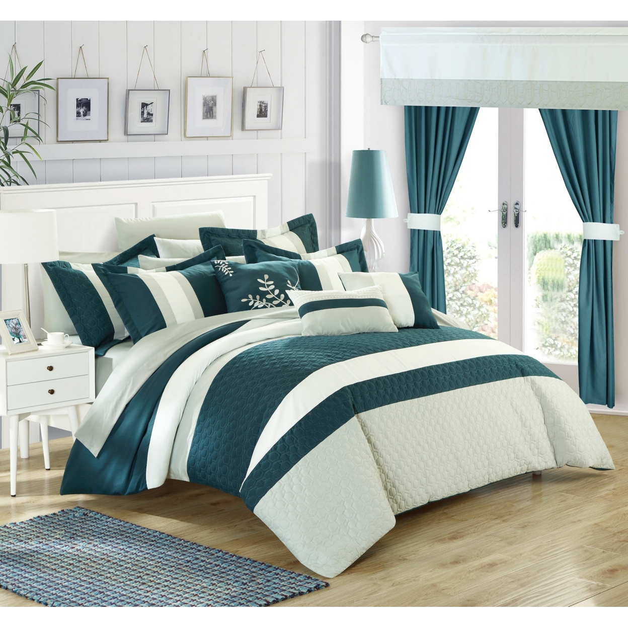 Chic Home 24 Piece Placido Complete Bedroom Set With Octagon Embroidery Color Block Pattern - Teal, Queen