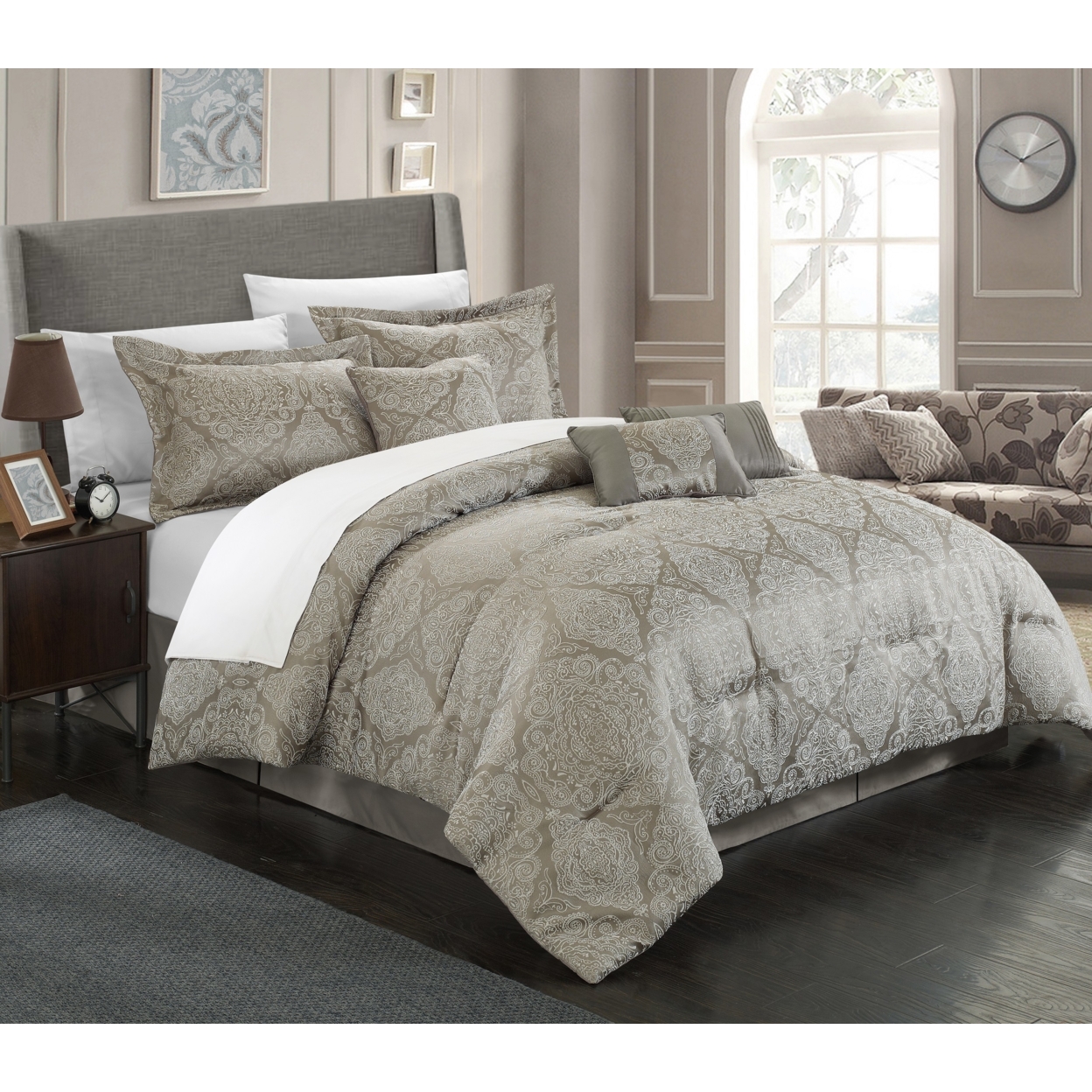 Chic Home 7 Piece Banke Embossed Traditional Jacquard Motif Comforter Set Shams And Decorative Pillows Included - Grey, Queen