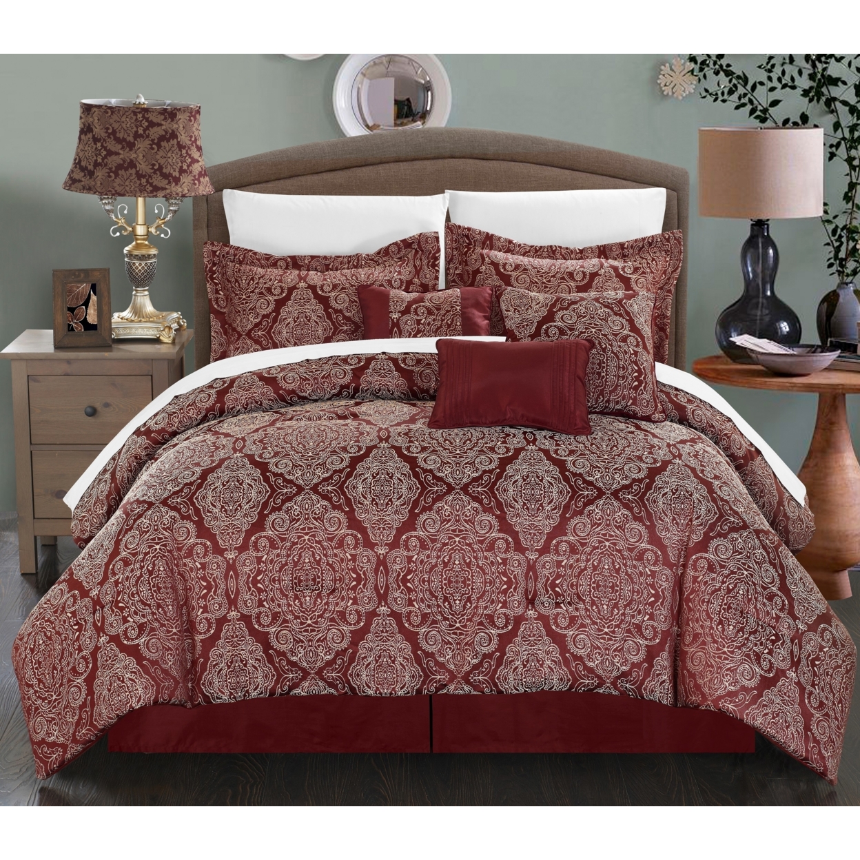 Chic Home 7 Piece Banke Embossed Traditional Jacquard Motif Comforter Set Shams And Decorative Pillows Included - Red, King