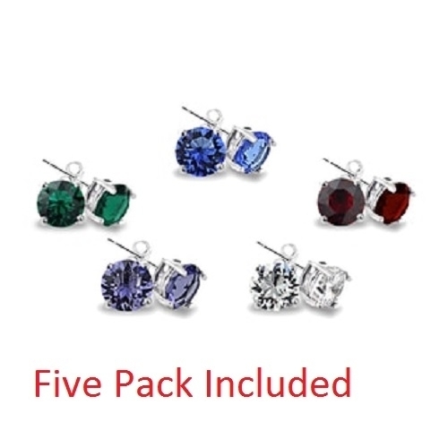 5 Pack Gemstone Round Stud Earrings