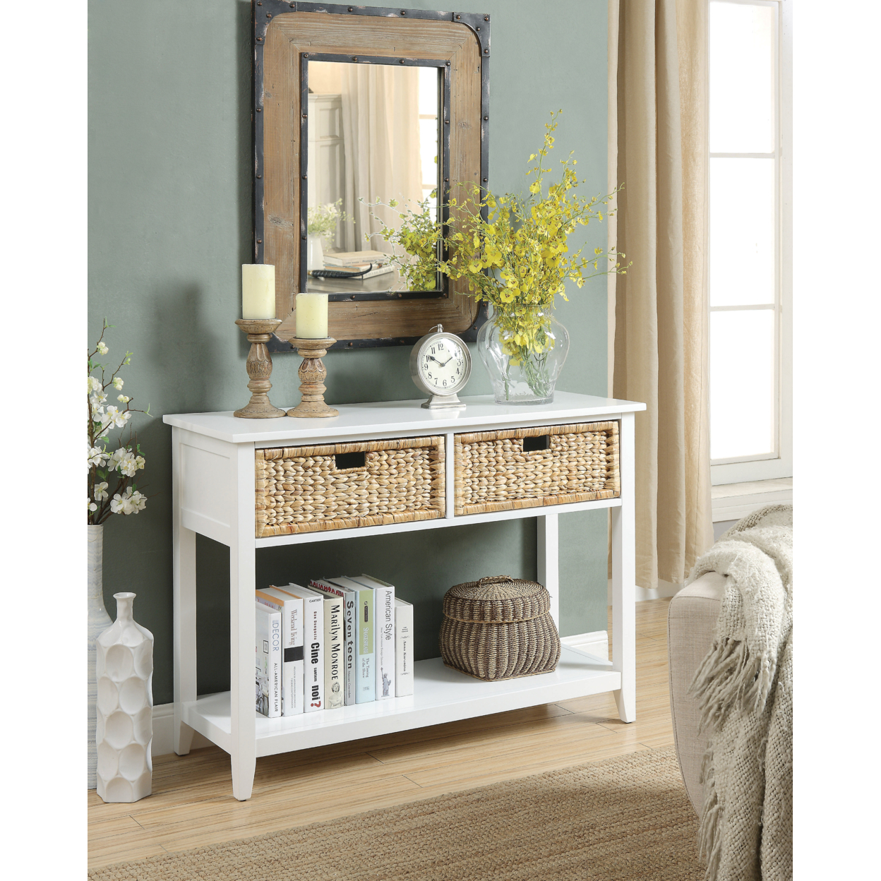 Flavius Console Table With 2 Drawers, White- Saltoro Sherpi