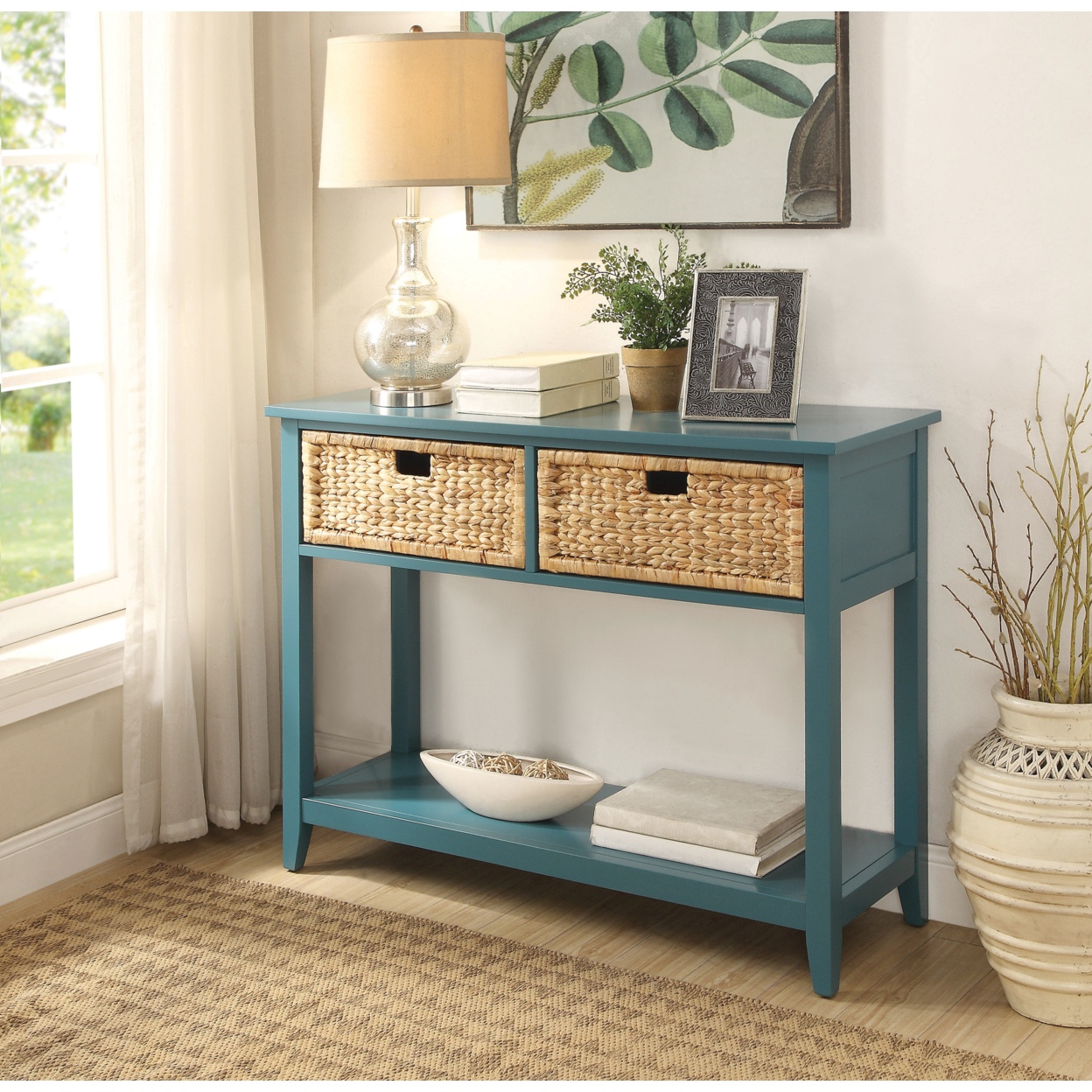 Flavius Console Table With 2 Drawers, Blue- Saltoro Sherpi