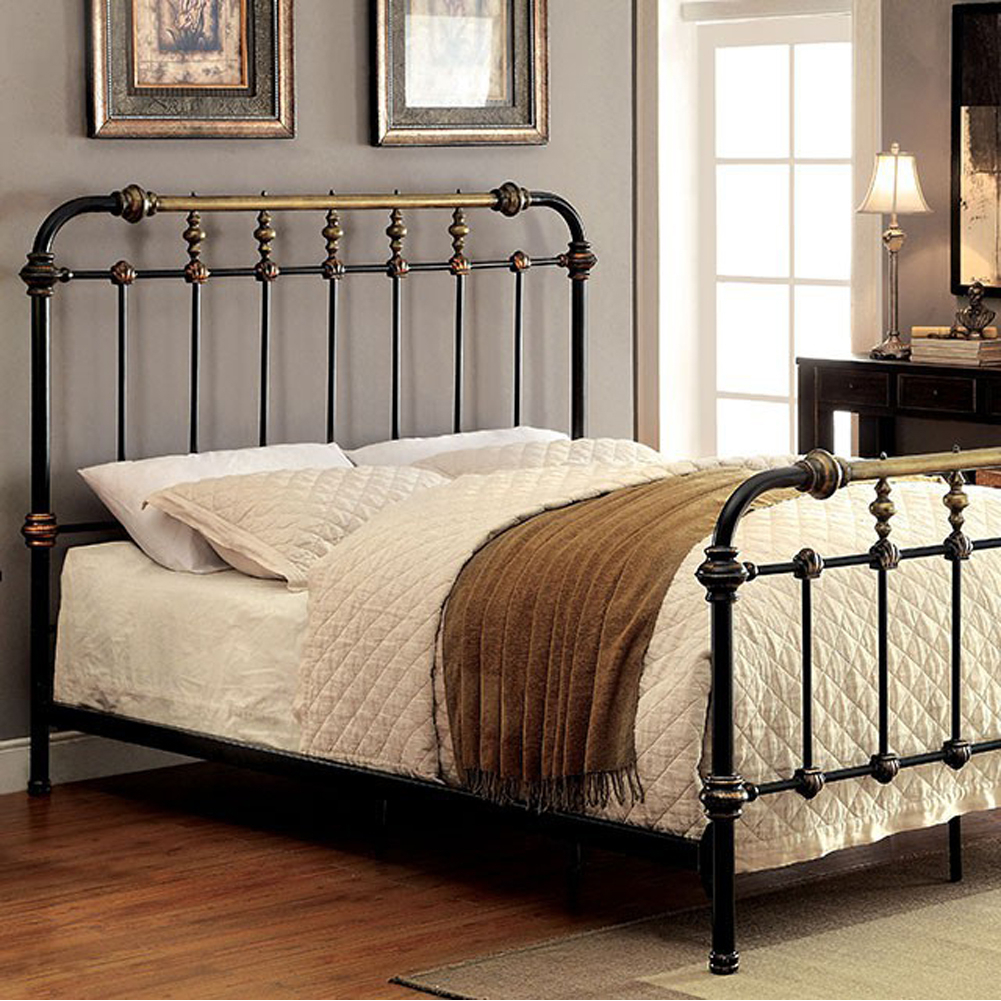 Curved Headboard Metal Full Size Bed With Spindles, Black And Gold- Saltoro Sherpi