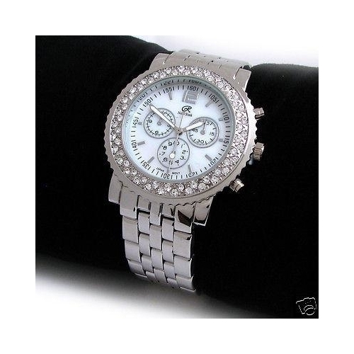 Silver 3D Geneva Crystal Bezel Women's Bracelet Quartz Watch