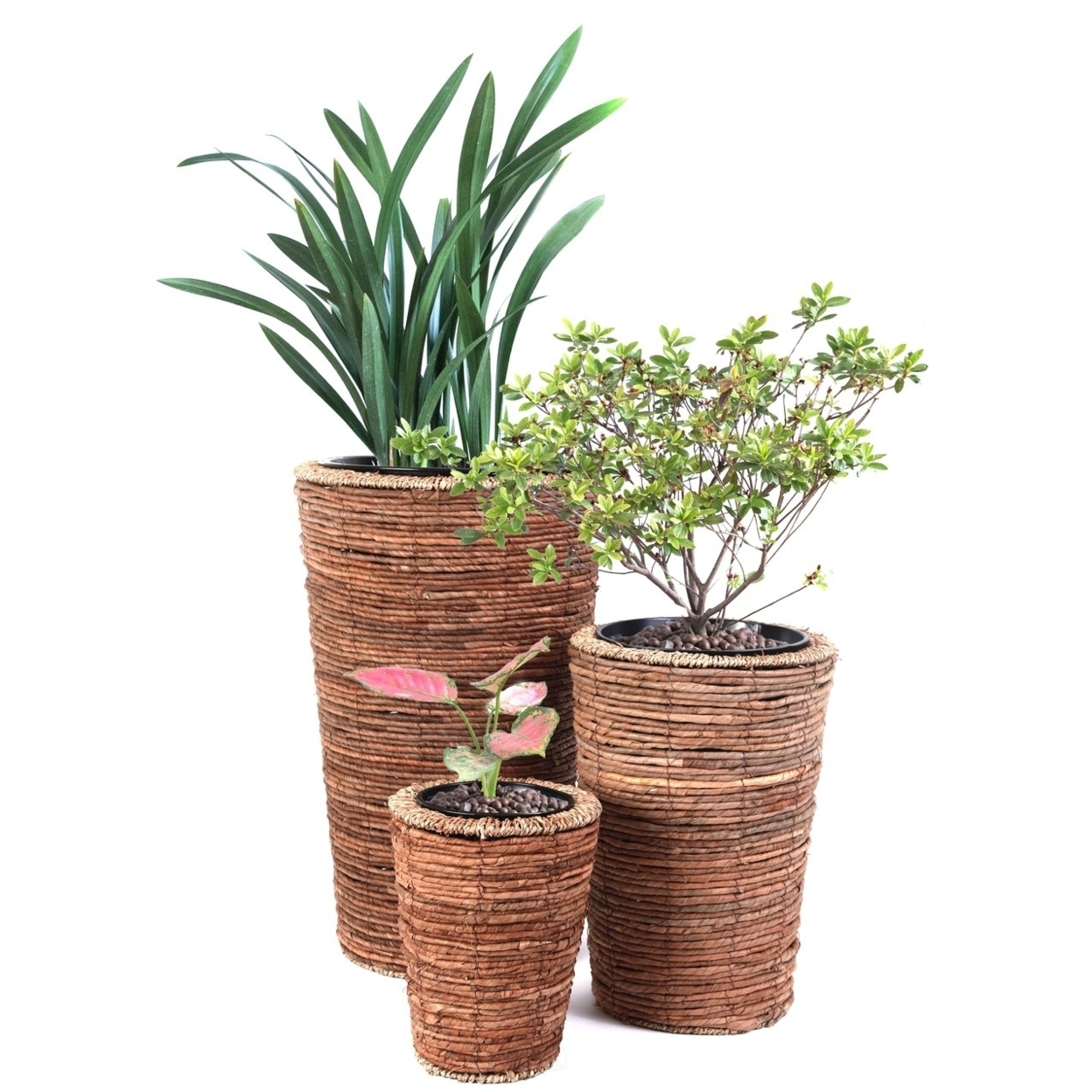 Wicker Banana Rope Tall Floor Planter With Metal Pot - Large
