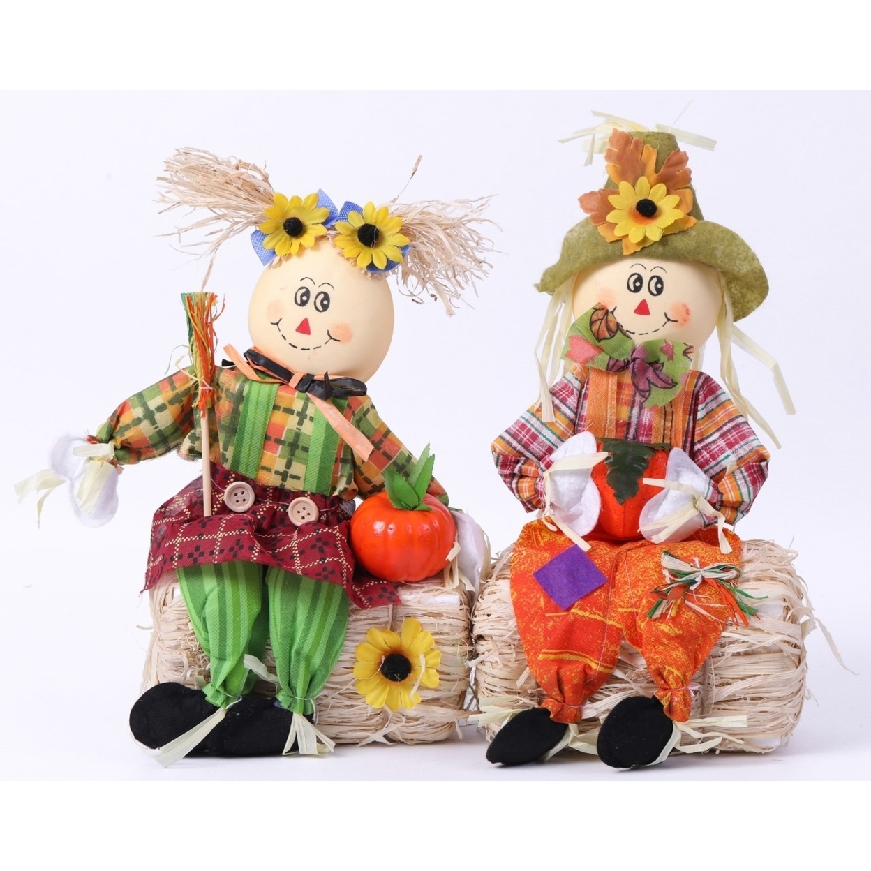 Scarecrow Boy And Girl Set Sitting On A Hay Bale