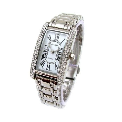 Silver Bracelet Geneva Crystal Bezel Women's Jewelry Watch