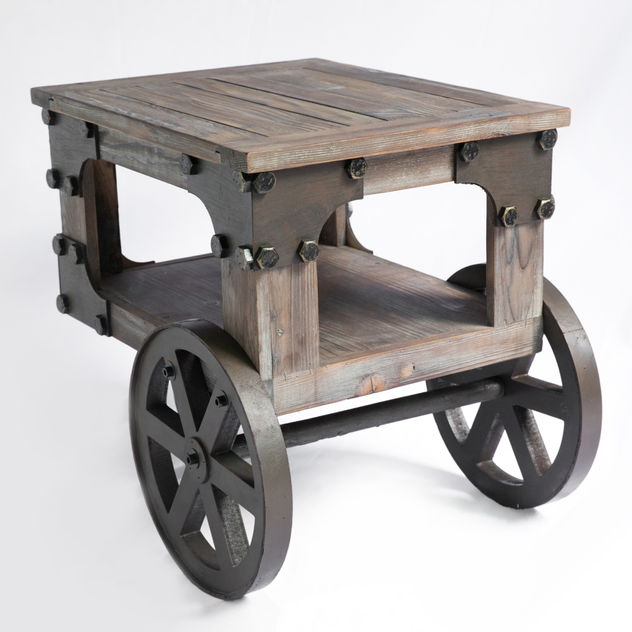Industrial Wagon Style Small Rustic End Table With Storage Shelf And Wheels