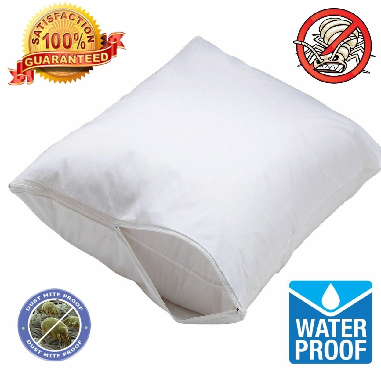 Zippered Fabric Waterproof & Bed Bug/Dust Mite Mattress Cover Protector - 2 Fabric Pillow Cases