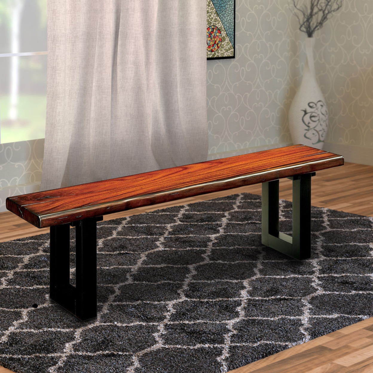 Rectangular Wooden Bench With Curved Edges And Sled Base, Brown And Black- Saltoro Sherpi