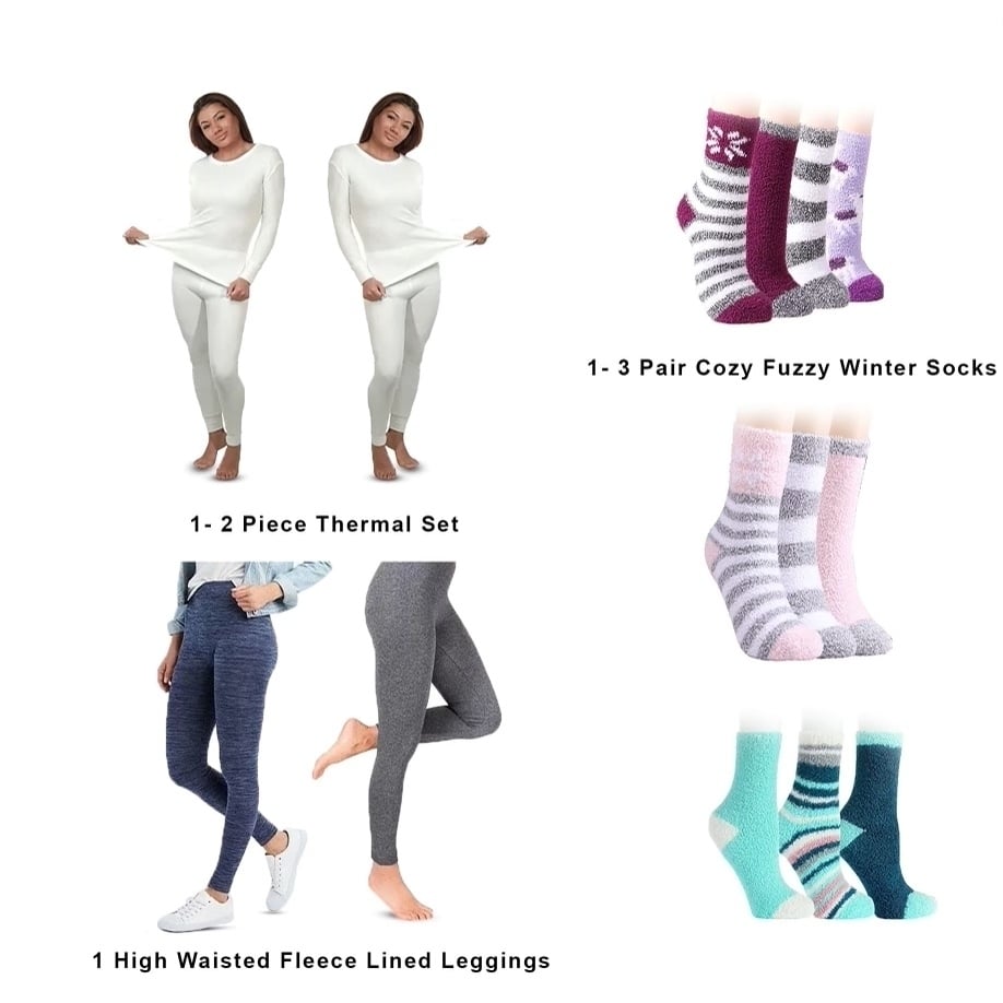 5-Piece Ultimate Winter Bundle Set: 2-Piece Waffle Knit Top & Bottom Thermal Set, High Waisted Fleece Line Leggings, 3-Pair Cozy Fuzzy Socks