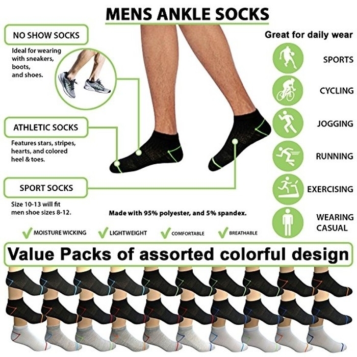 20-Pair Mystery Deal: Men's Moisture Wicking Low-Cut Socks, Set Of 20 Assorted