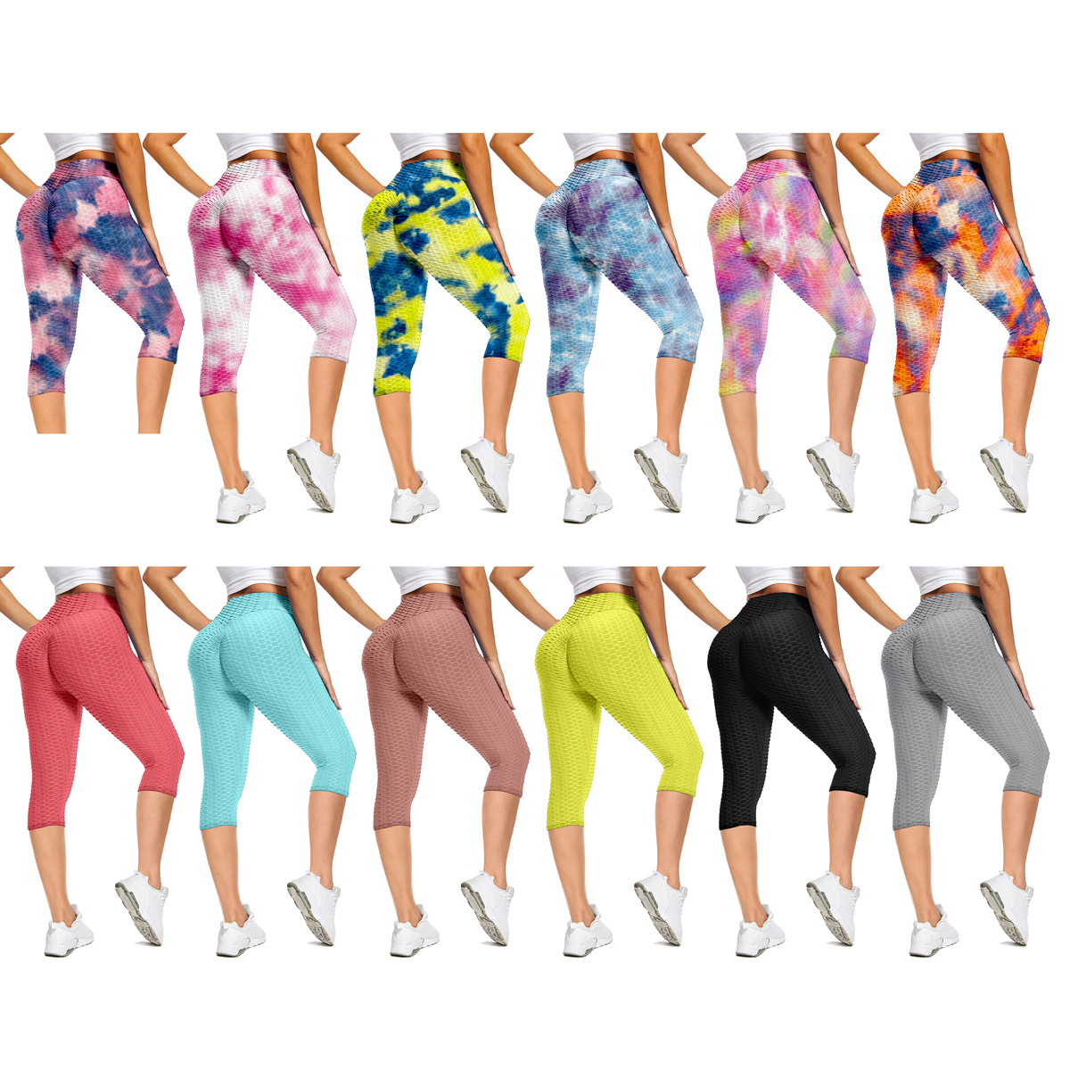 3-Pack: Women's High Waisted Anti Cellulite Leggings (Butt Lifting) - Tie-Dye, Large/X-Large
