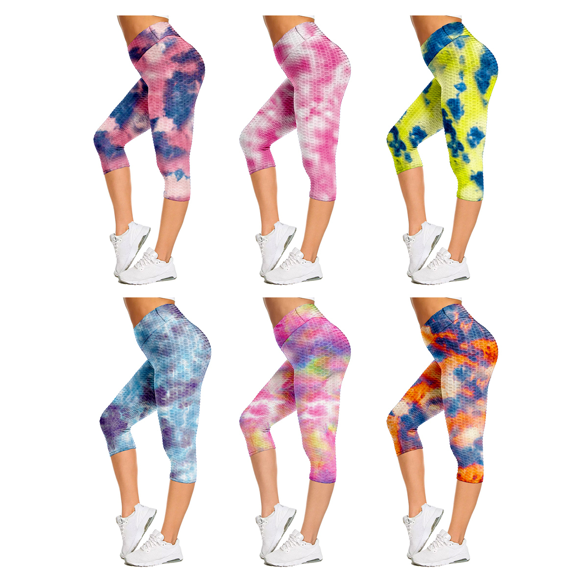 3-Pack: Women's High Waisted Anti Cellulite Leggings (Butt Lifting) - Tie-Dye, Large/X-Large