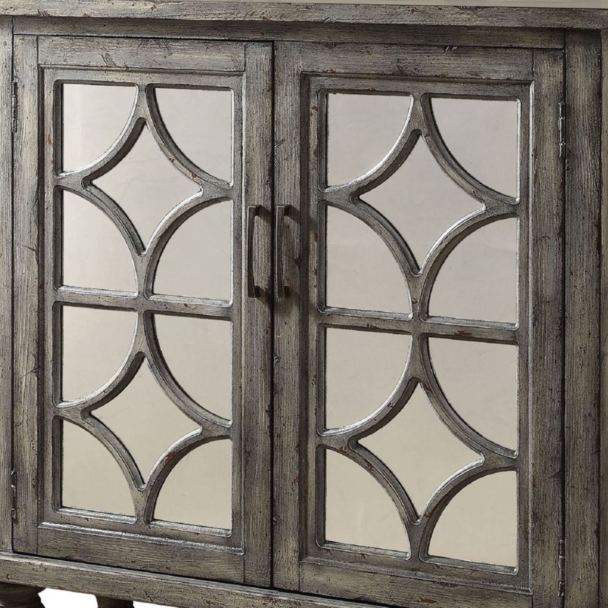 Storage Cabinet With 2 Doors And Diamond Mirror Trim, Weathered Gray- Saltoro Sherpi