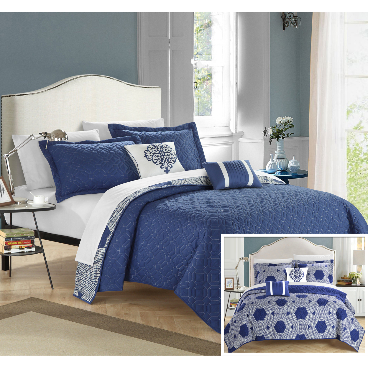 Chic Home 4/5 Piece Xanadu Hexagon Quilted Embroidered With Contemporary REVERSIBLE Printed Backside Quilt Set - Navy, King