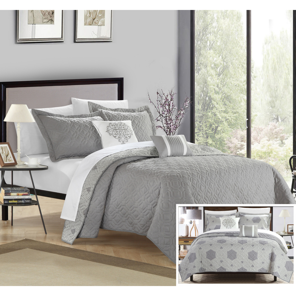 Chic Home 4/5 Piece Xanadu Hexagon Quilted Embroidered With Contemporary REVERSIBLE Printed Backside Quilt Set - Grey, Twin