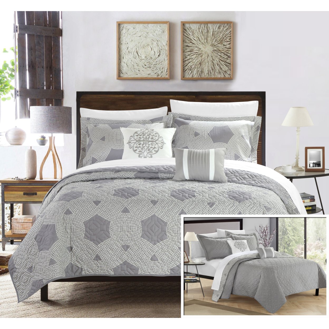 Chic Home 4/5 Piece Xanadu Hexagon Quilted Embroidered With Contemporary REVERSIBLE Printed Backside Quilt Set - Grey, Twin