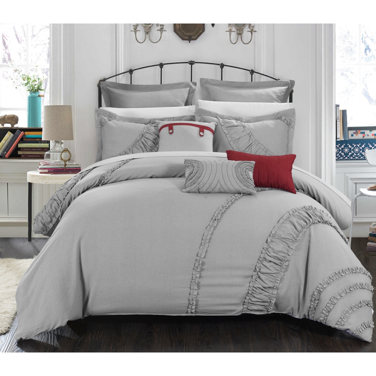Chic Home 8 Piece Lucerne NEW FAUX LINEN FABRIC COLLECTION OVERSIZED AND OVERFILLED Embroidered Comforter Set - Silver, Queen