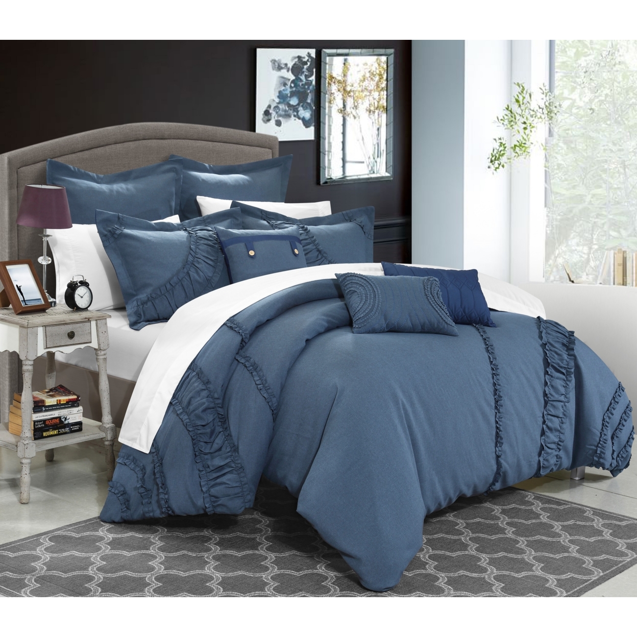 Chic Home 8 Piece Lucerne NEW FAUX LINEN FABRIC COLLECTION OVERSIZED AND OVERFILLED Embroidered Comforter Set - Blue, Queen