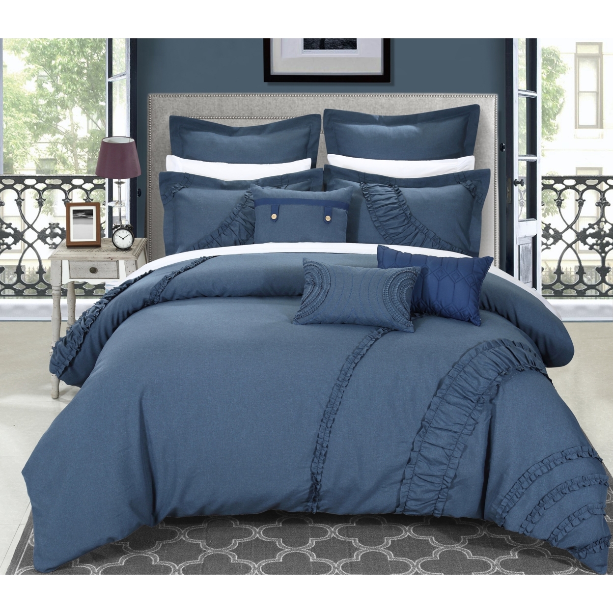 Chic Home 8 Piece Lucerne NEW FAUX LINEN FABRIC COLLECTION OVERSIZED AND OVERFILLED Embroidered Comforter Set - Blue, Queen