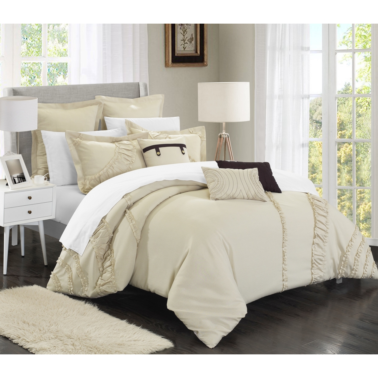 Chic Home 8 Piece Lucerne NEW FAUX LINEN FABRIC COLLECTION OVERSIZED AND OVERFILLED Embroidered Comforter Set - Beige, King