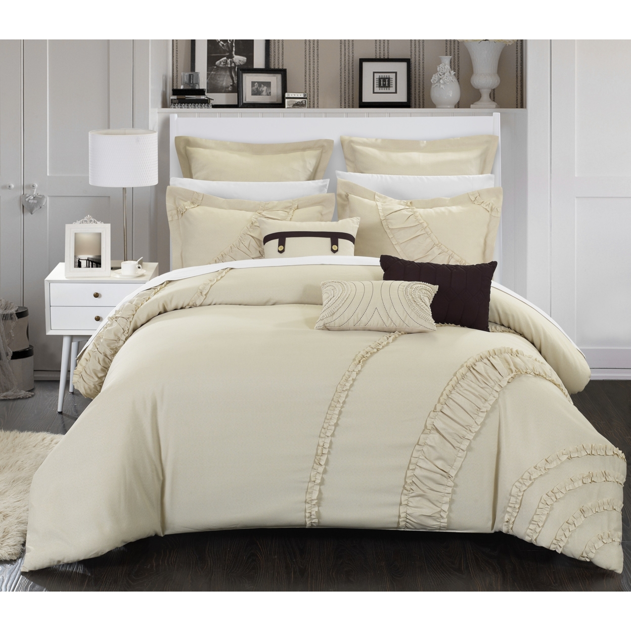 Chic Home 8 Piece Lucerne NEW FAUX LINEN FABRIC COLLECTION OVERSIZED AND OVERFILLED Embroidered Comforter Set - Beige, Queen