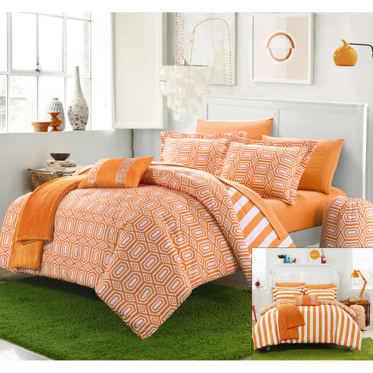Chic Home 8/10 Piece Lyon Geometric And Striped Printed REVERSIBLE Comforter Set, Includes Sheets, Duffle Hamper And Fleece Throw - Orange,