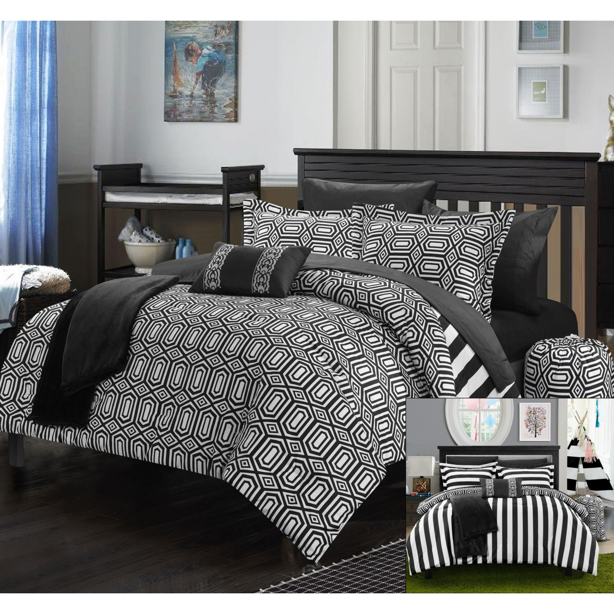 Chic Home 8/10 Piece Lyon Geometric And Striped Printed REVERSIBLE Comforter Set, Includes Sheets, Duffle Hamper And Fleece Throw - Black, T