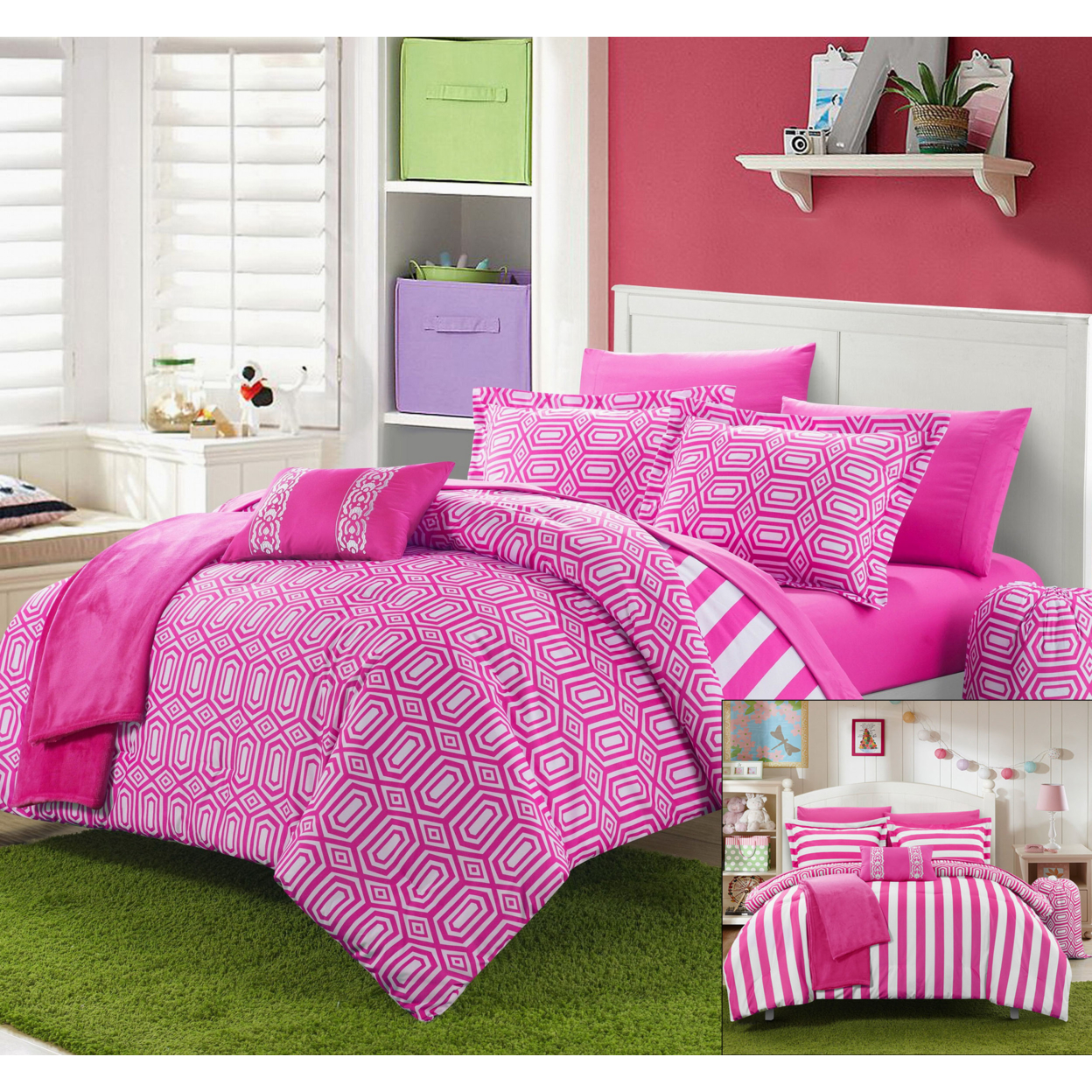 Chic Home 8/10 Piece Lyon Geometric And Striped Printed REVERSIBLE Comforter Set, Includes Sheets, Duffle Hamper And Fleece Throw - Fuchsia,