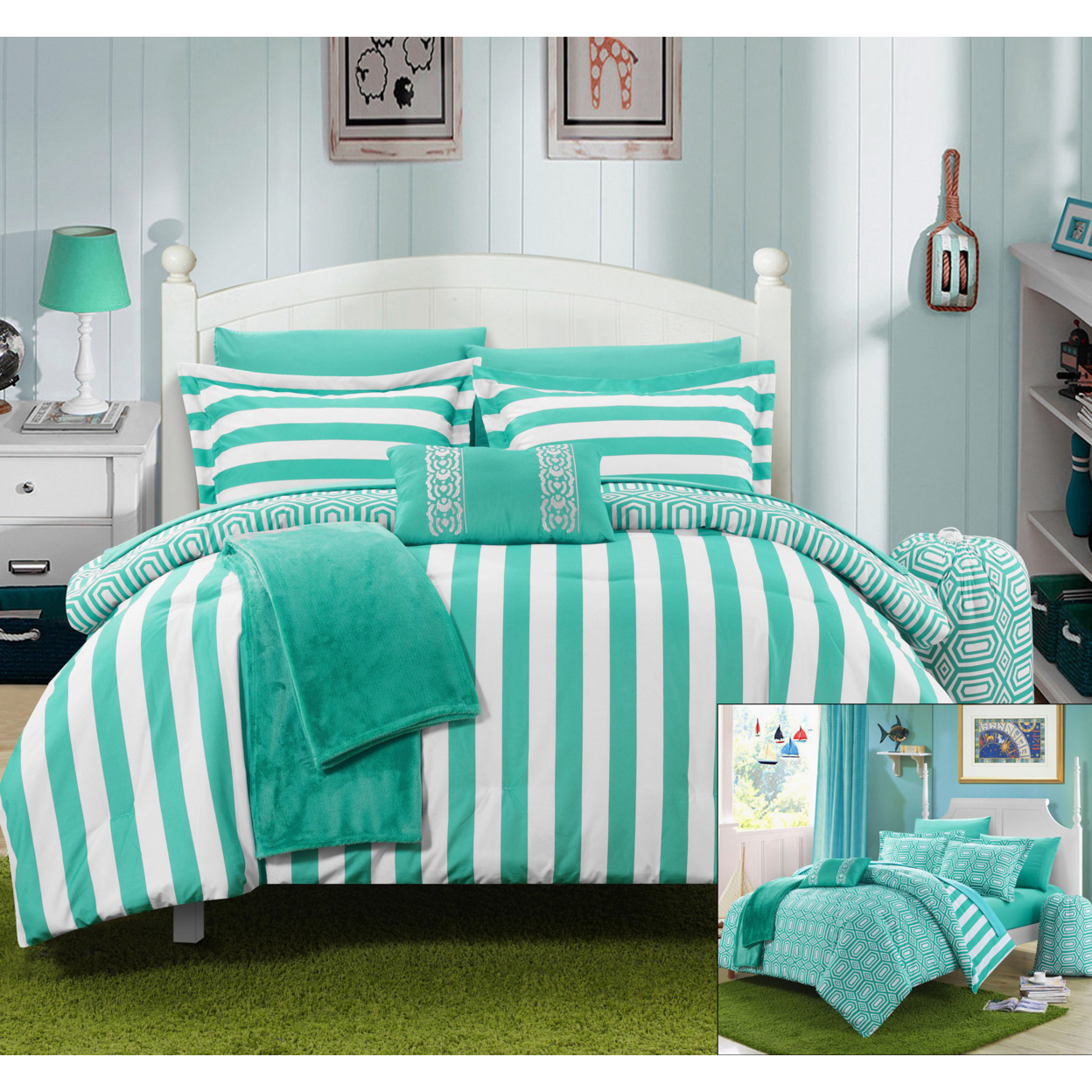 Chic Home 8/10 Piece Lyon Geometric And Striped Printed REVERSIBLE Comforter Set, Includes Sheets, Duffle Hamper And Fleece Throw - Aqua, Tw