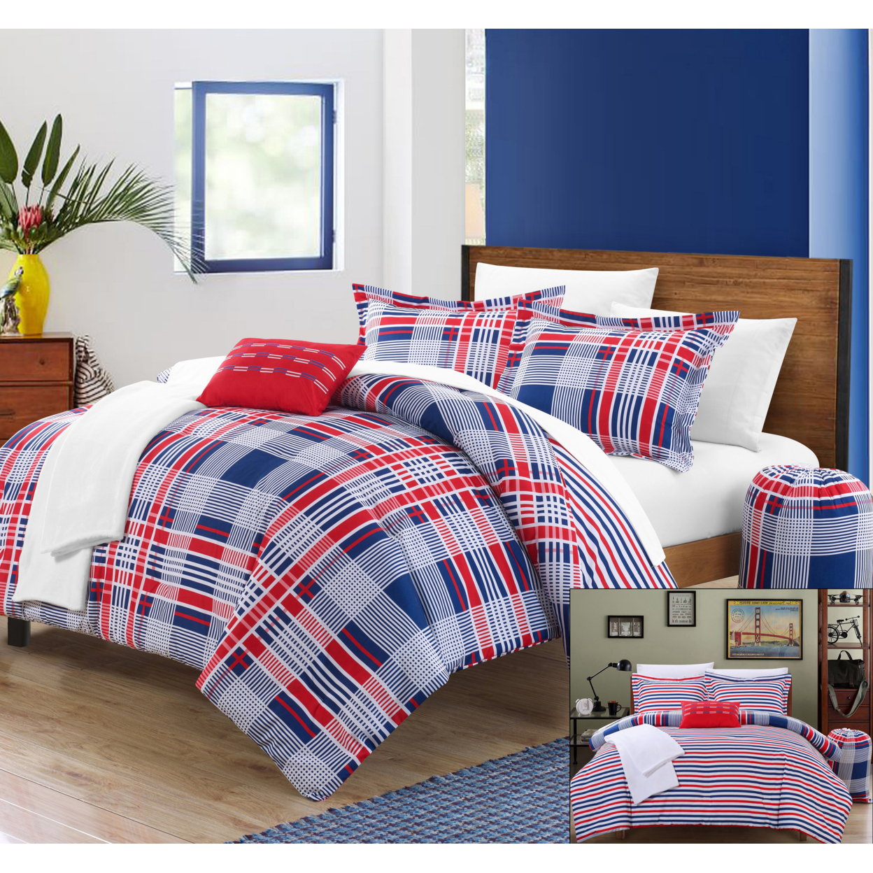 Chic Home 8/10 Piece Rochester Super Soft Microfiber Plaid Printed REVERSIBLE Bed In A Bag Comforter Set - Red, Full