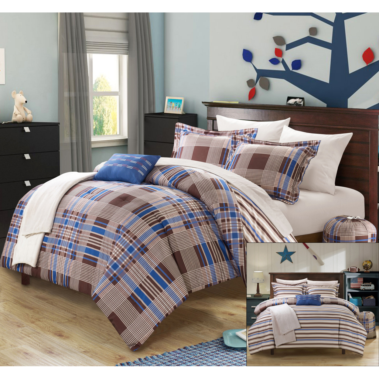 Chic Home 8/10 Piece Rochester Super Soft Microfiber Plaid Printed REVERSIBLE Bed In A Bag Comforter Set - Brown, Full