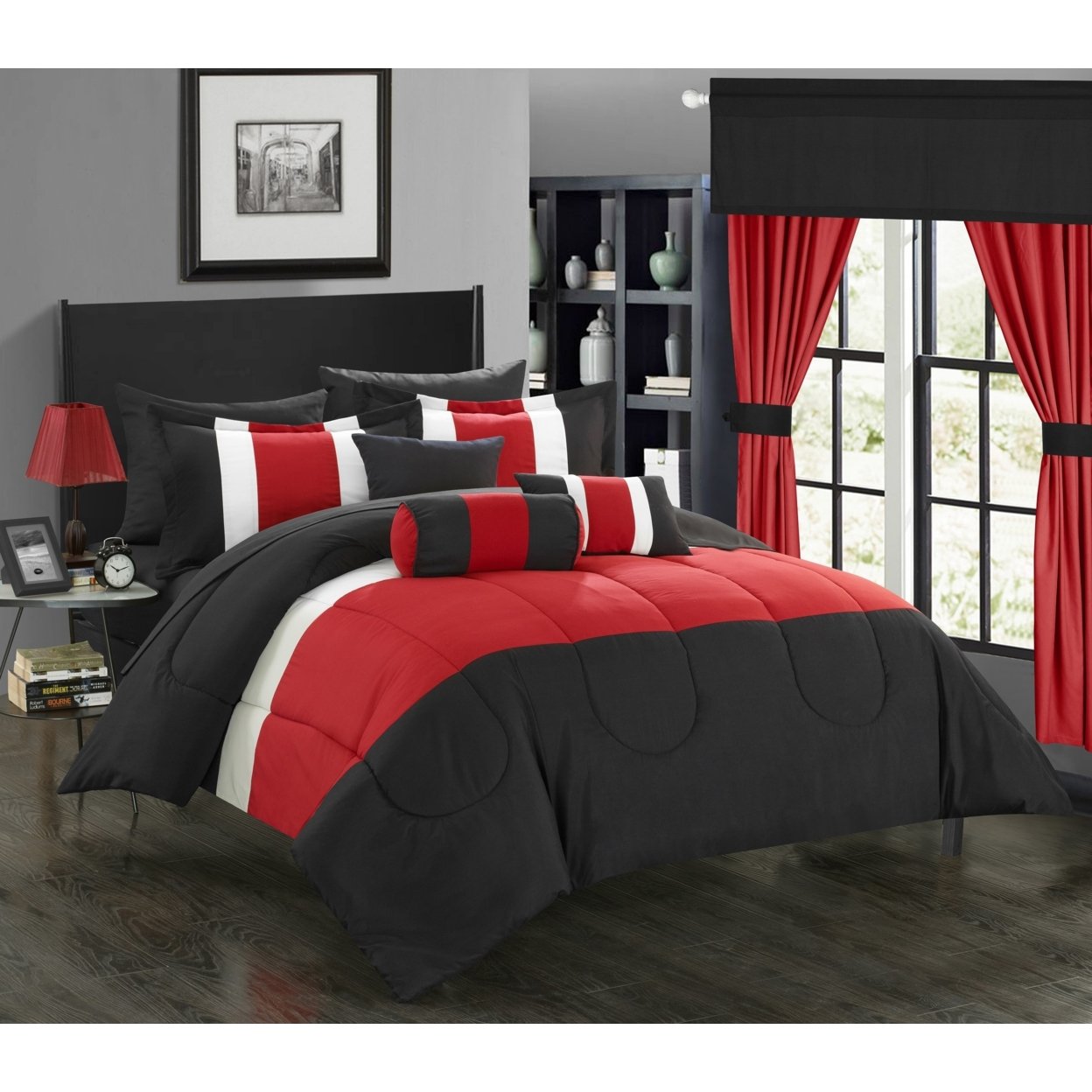 Chic Home 20 Piece Wanstead Complete Pieced Color Block Bedding, Sheets, Window Panel Collection Bed In A Bag Comforter Set - Black, King