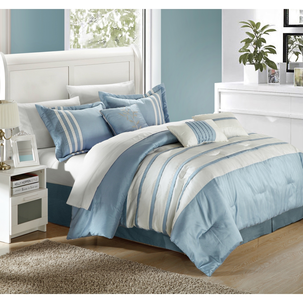 Therry Pleated Piecing Luxury Bedding Collection 7-Piece Comforter Set - Blue, King