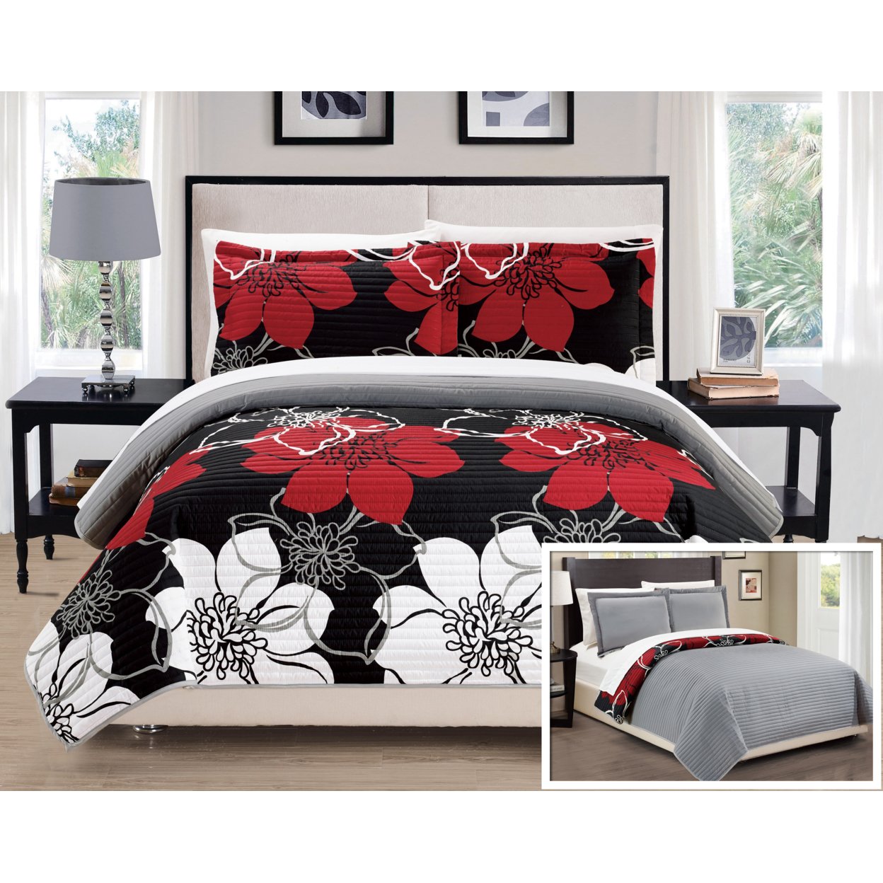 Chic Home Floral Printed Quilt Set, Multiple Colors - Black, Queen