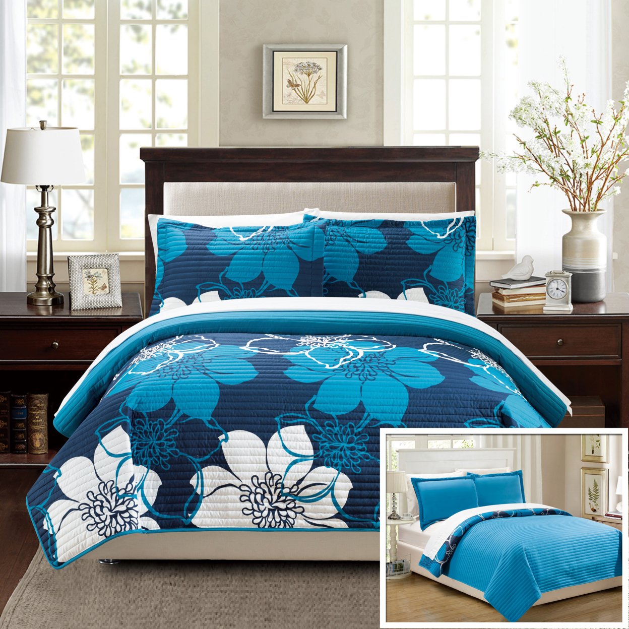 Chic Home Floral Printed Quilt Set, Multiple Colors - Blue, Queen