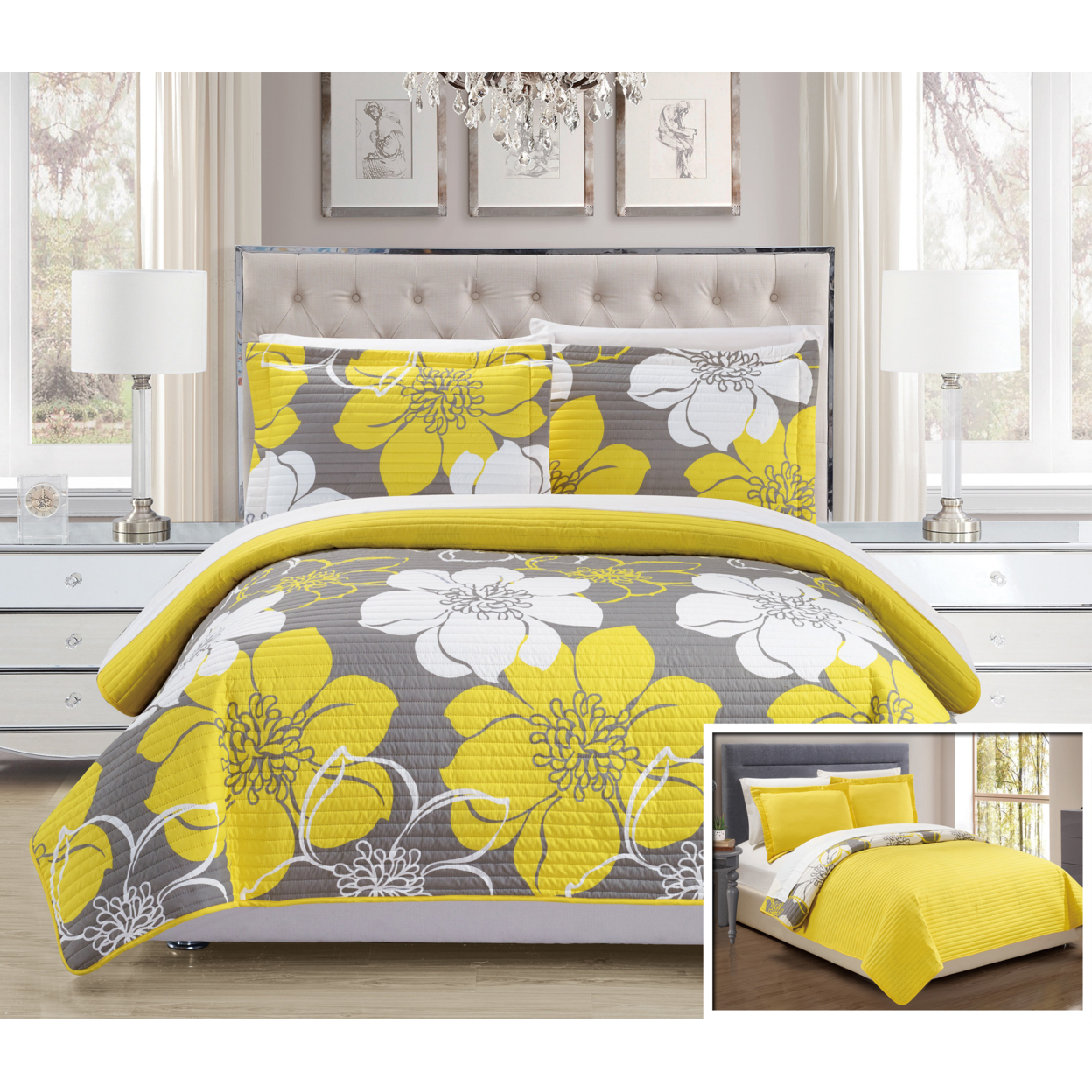 Chic Home Floral Printed Quilt Set, Multiple Colors - Yellow, King